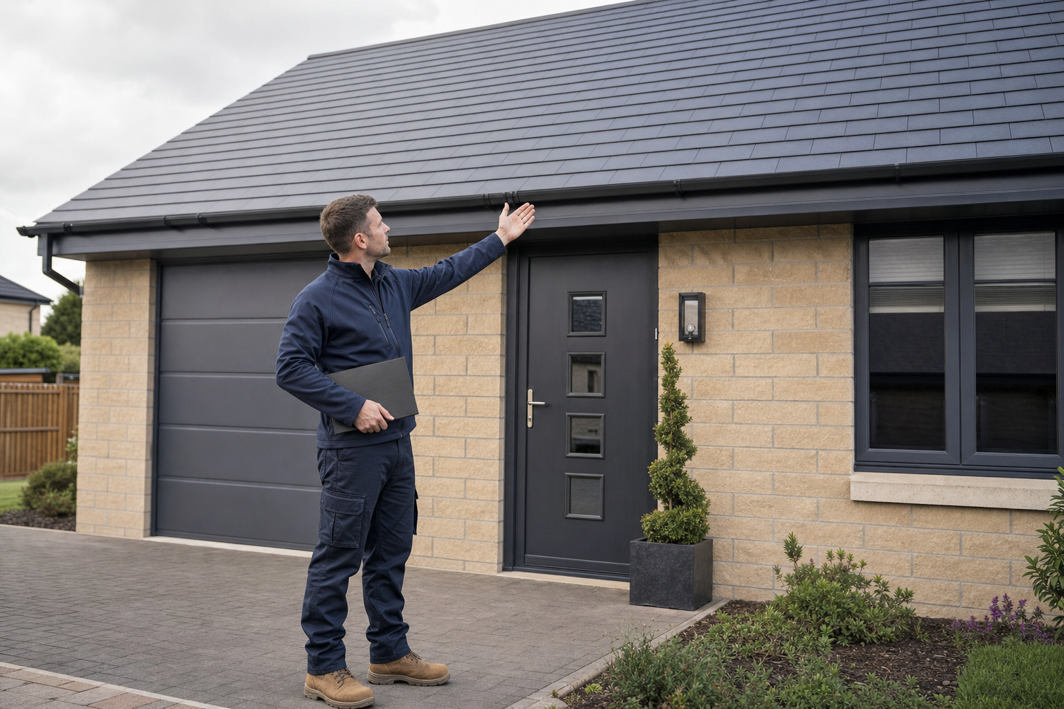 A surveyor in work attire points towards the roof of a modern brick house, holding a black tablet.