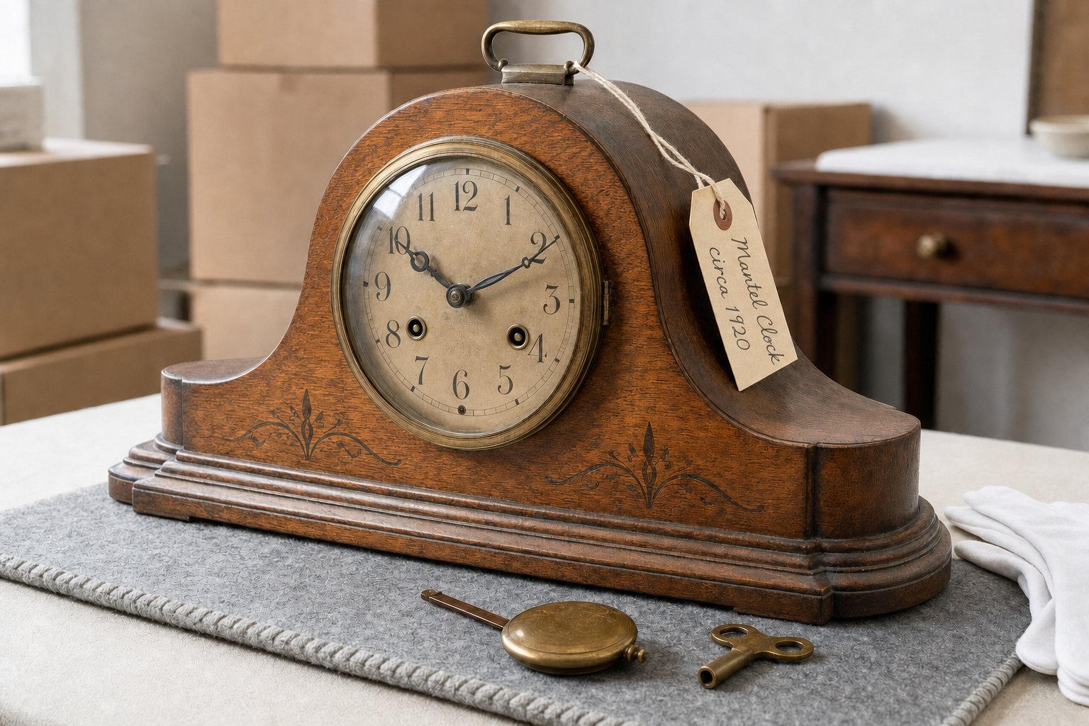 Antique mantel clock from circa 1920 with tag, displayed on a table with a winding key.