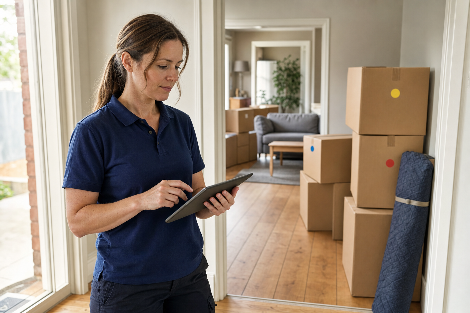 A woman in a navy polo shirt uses a tablet near stacked moving boxes in a bright room.
