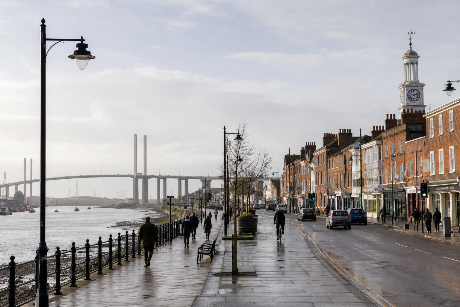 A riverside street scene with people walking, a cyclist, and a bridge in the background on a cloudy day.