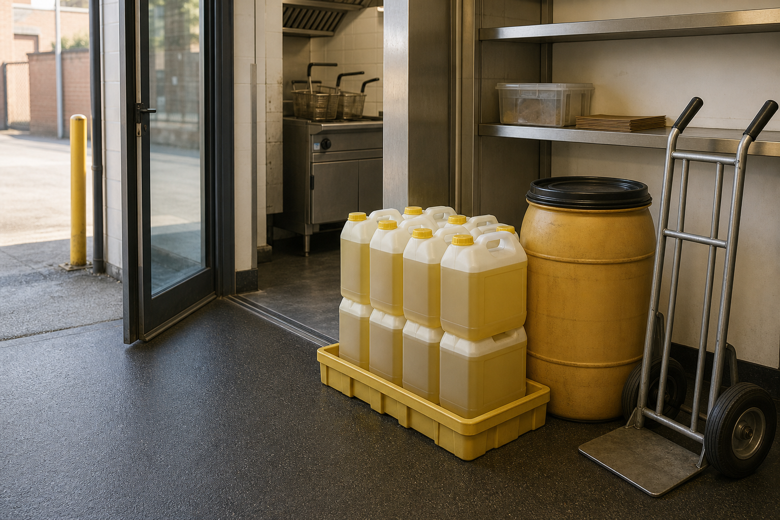 Containers of yellow liquid and a barrel next to a hand truck in a commercial kitchen.