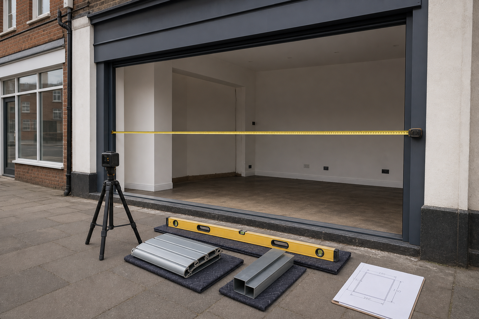 Tools and materials set up outside a store with a measuring tape stretched across the entrance.