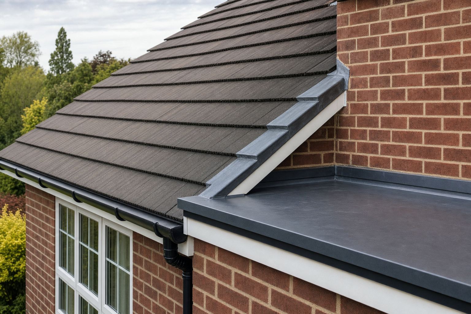 Close-up of a house's roof with grey tiles and a brick exterior, featuring a flat roofing section.
