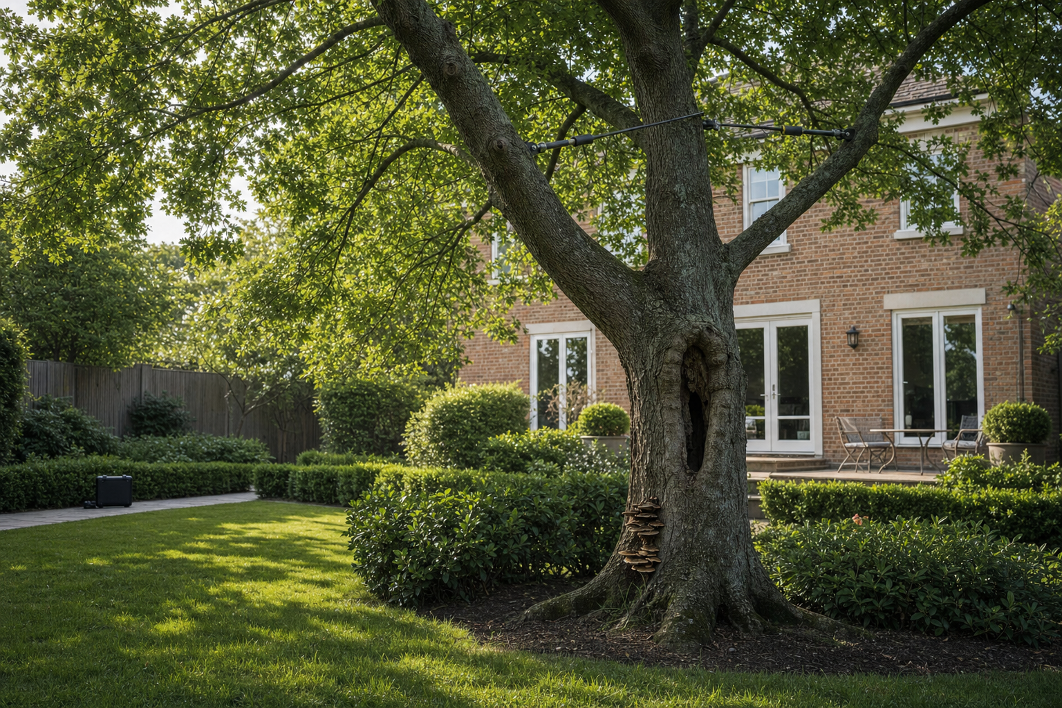 A large tree with mushrooms grows in a well-maintained garden in front of a brick house with patio furniture.