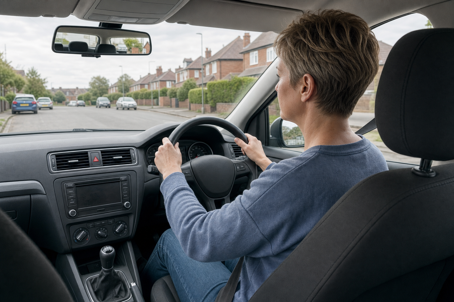 A woman drives a car down a residential street with brick houses visible through the windshield.