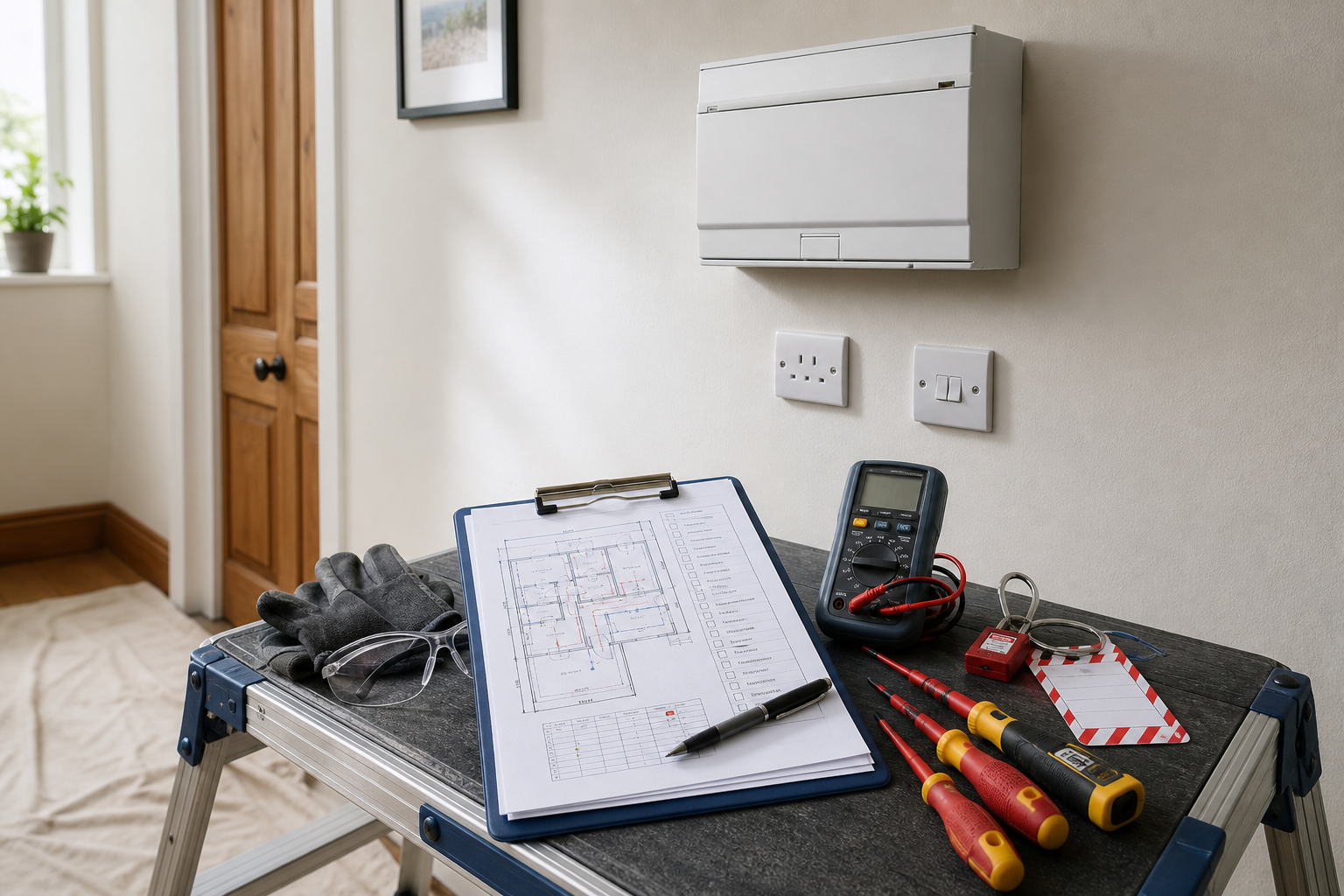 Electrical tools and a blueprint on a stepladder under a fuse box in a hallway setting.