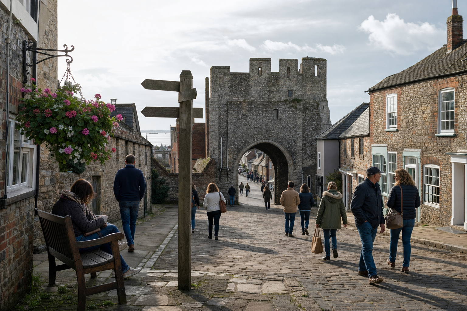 People walking down a cobblestone street towards a historic stone gate, with hanging flowers and a signpost in the foreground.