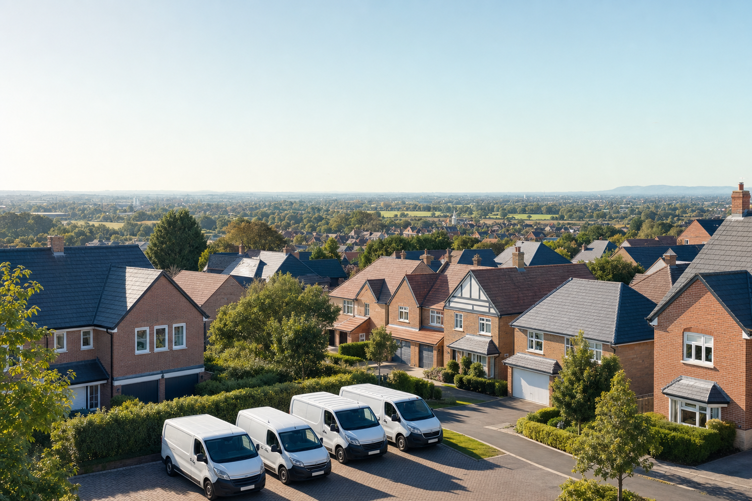 Row of modern detached houses with white delivery vans parked on a residential street in a leafy suburban neighbourhood.