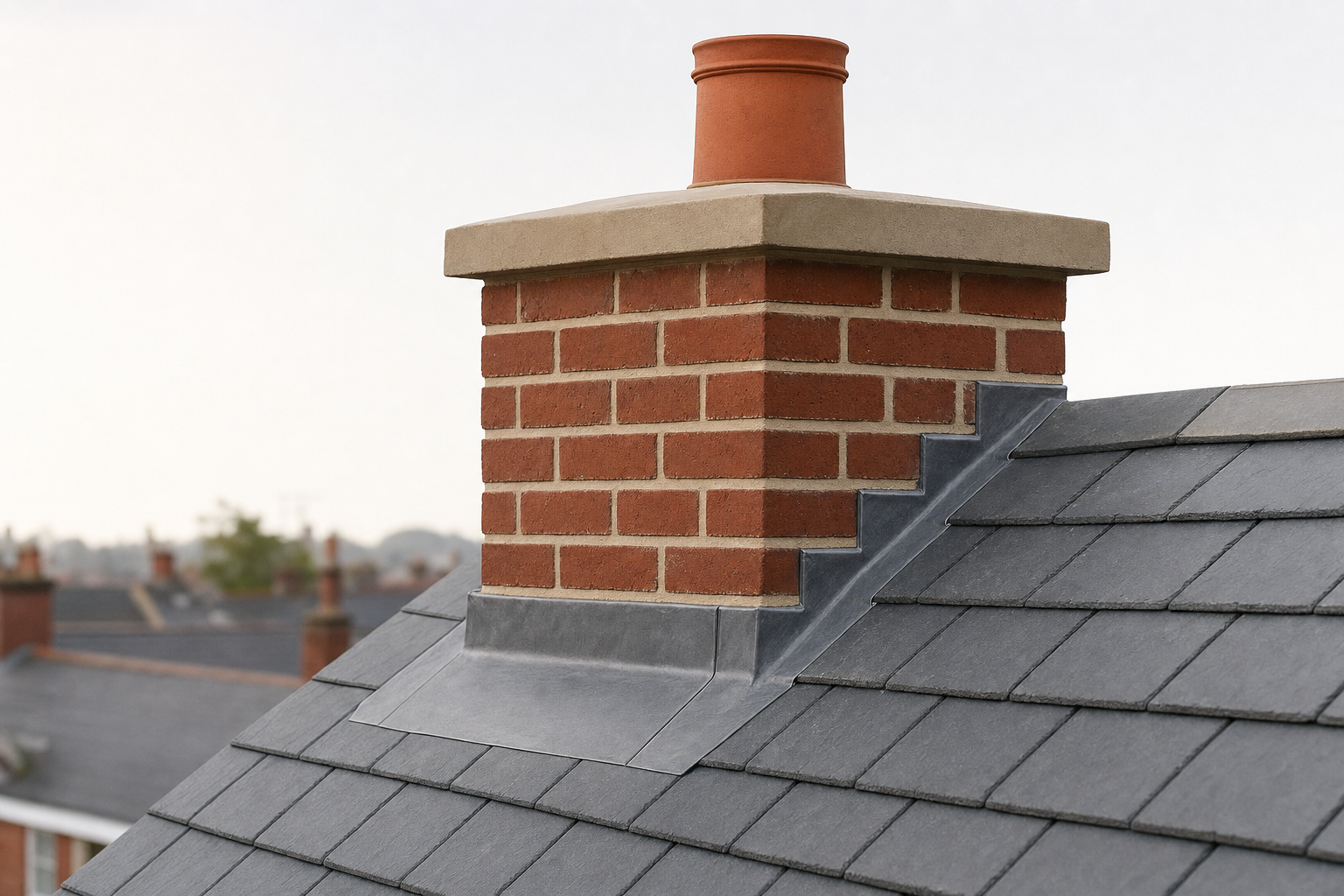 A red brick chimney on a slate-tiled roof with clear sky in the background.