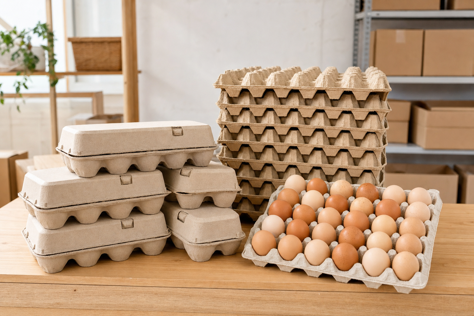 Egg cartons and a tray of eggs arranged on a wooden table in a storage room.