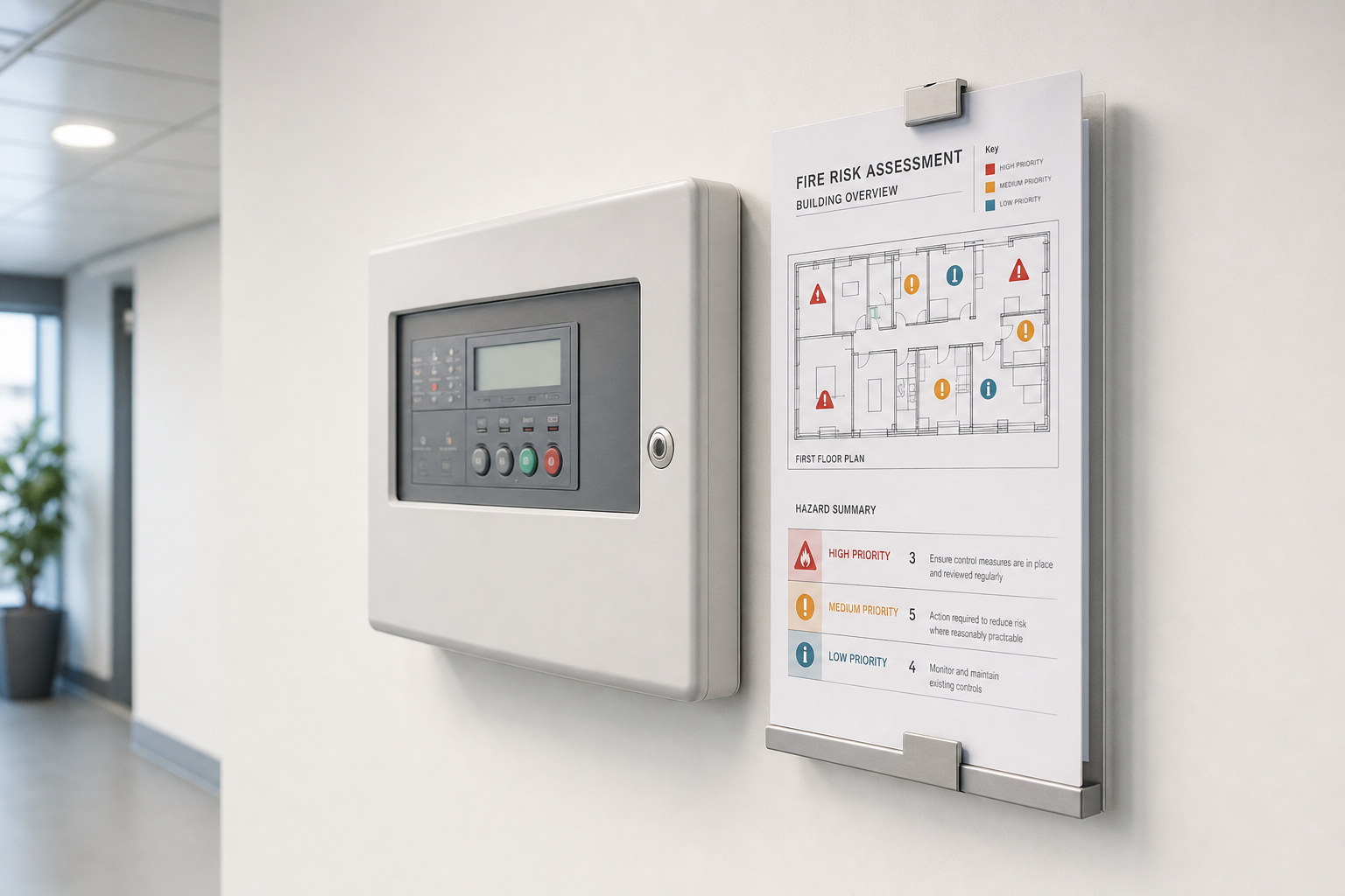 A fire alarm control panel is mounted on a wall beside a fire risk assessment document in a hallway.