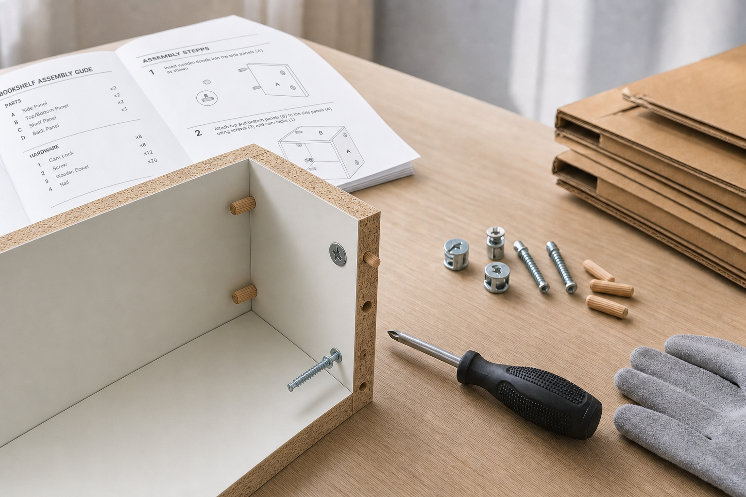 Flat-pack furniture assembly scene with partially assembled box, screwdriver, screws, and instruction booklet on wooden table.