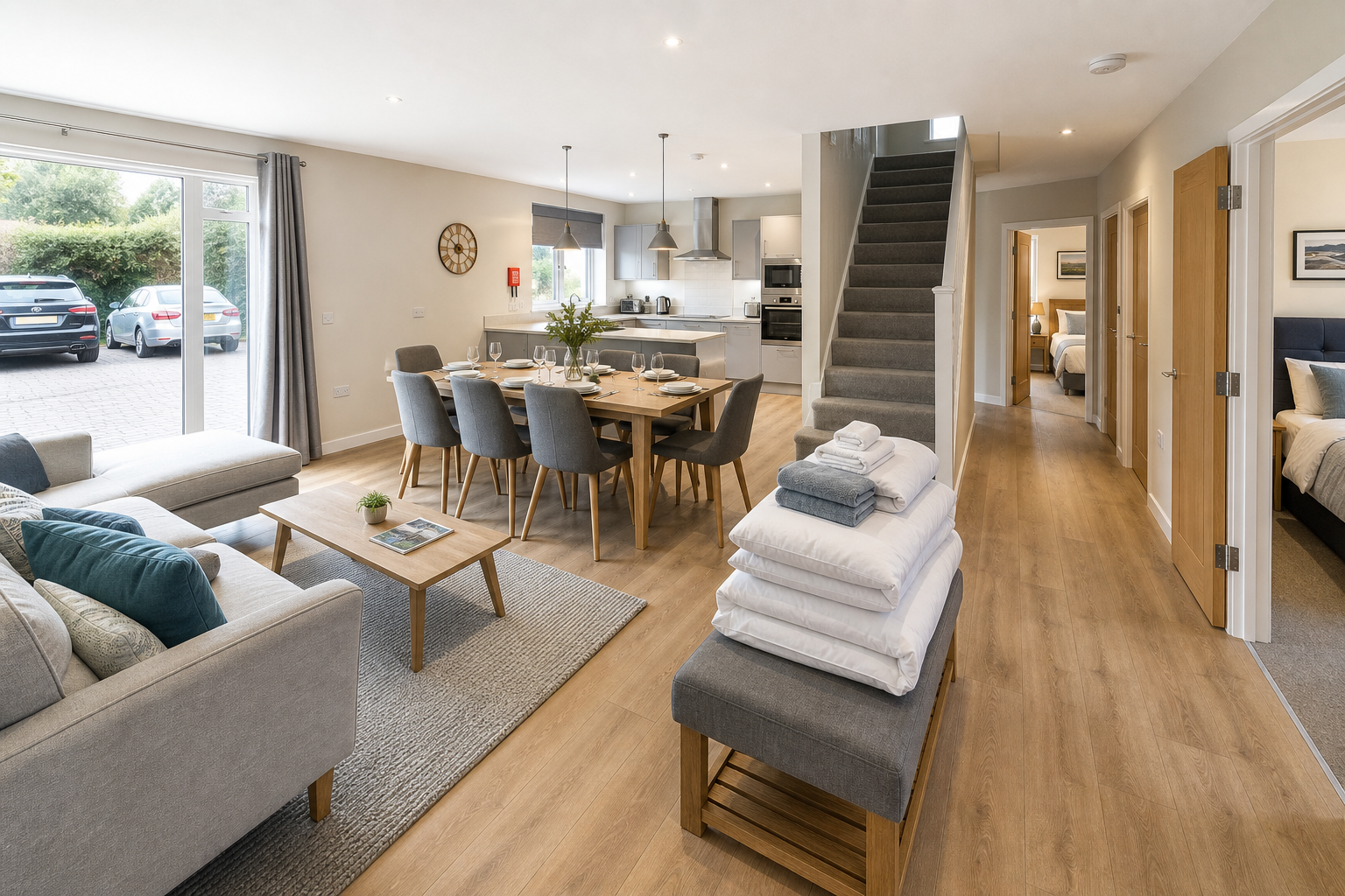 Open-plan living area with a dining table, kitchen, sofa, and stairs, showcasing a cosy modern interior design.
