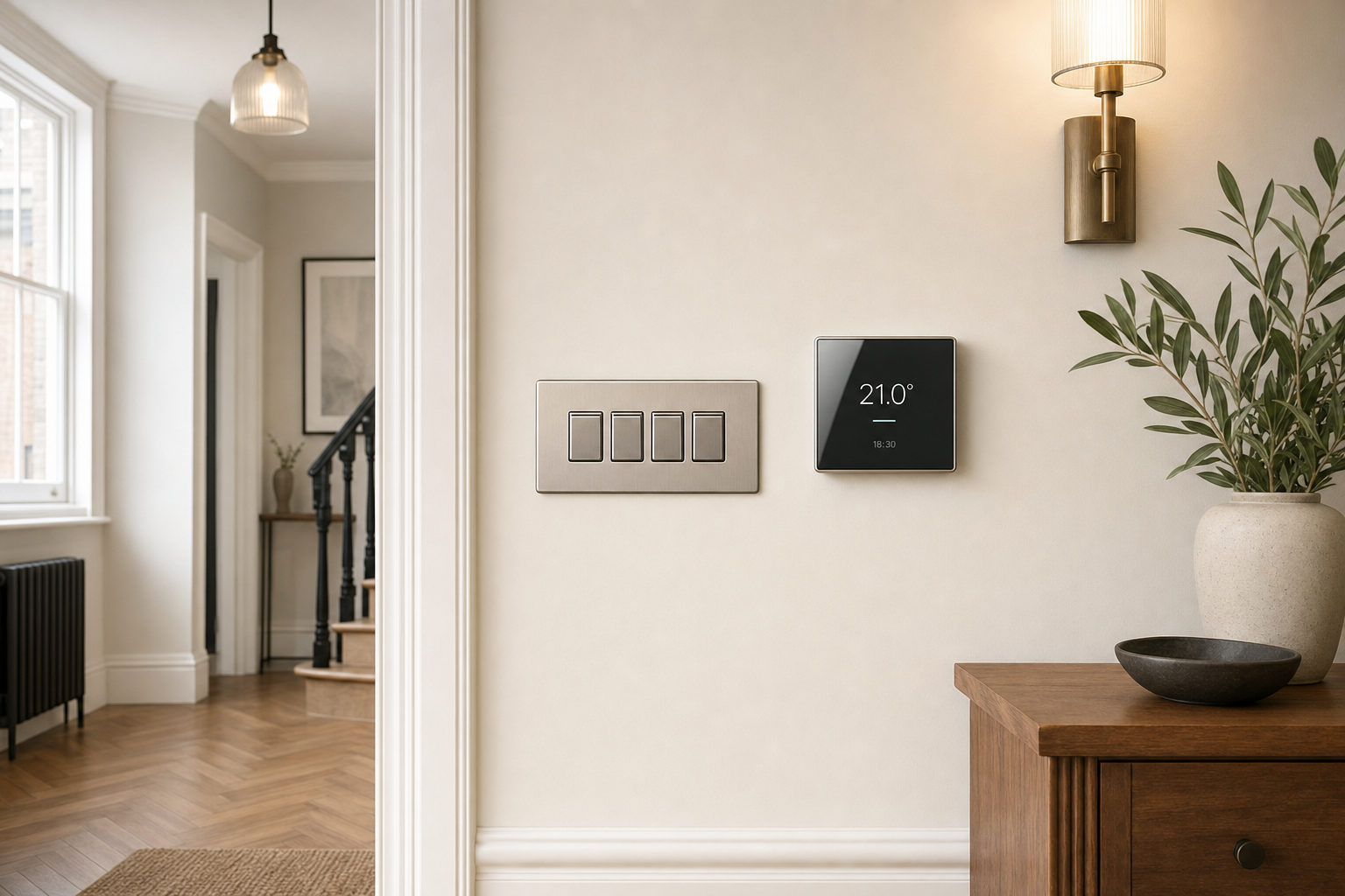 Modern thermostat and light switches on a wall in a stylishly decorated hallway.