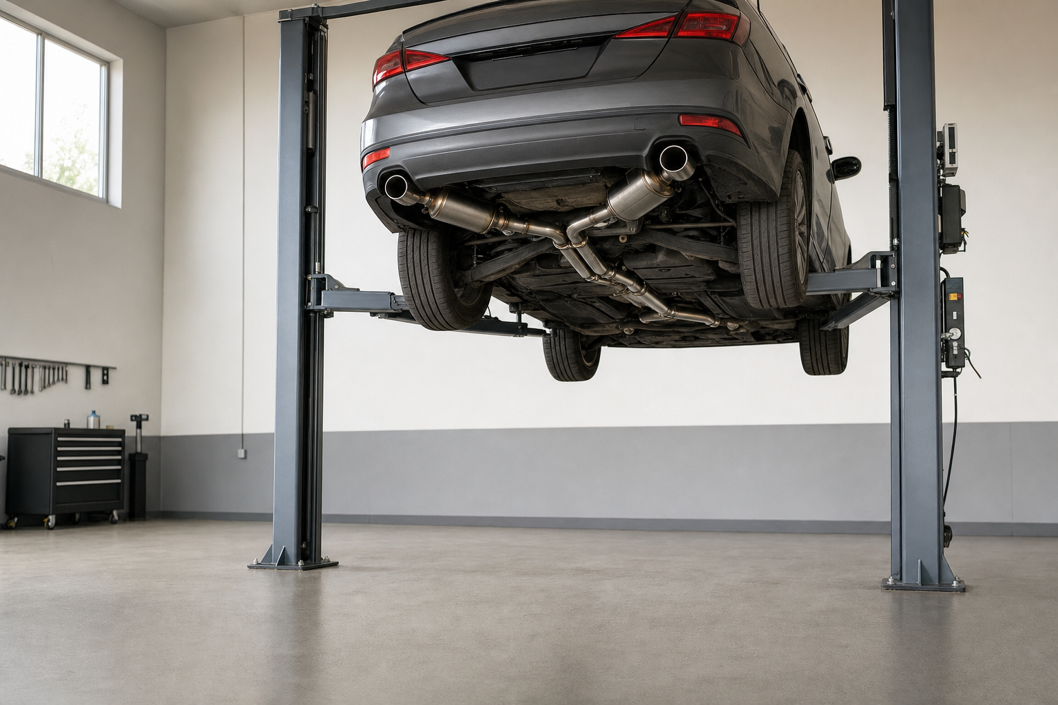 A car is elevated on a hydraulic lift in a clean, modern garage workshop.