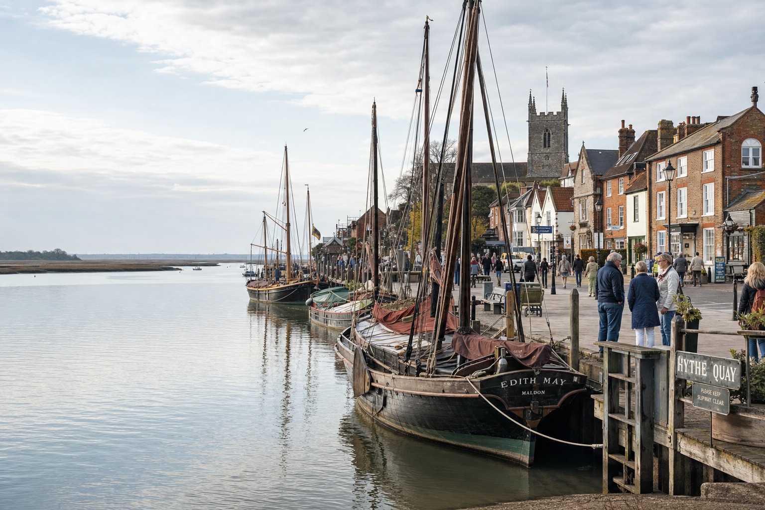 Sailing boats moored along Maldon's Hythe Quay with people walking and a church in the background.