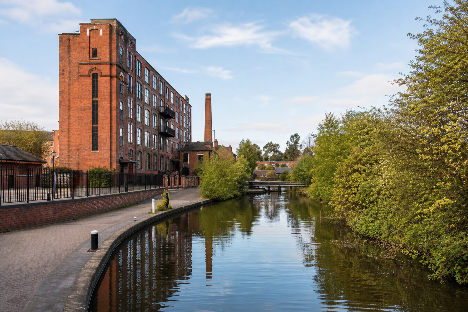 Red brick industrial building beside a canal with trees and a blue sky.
