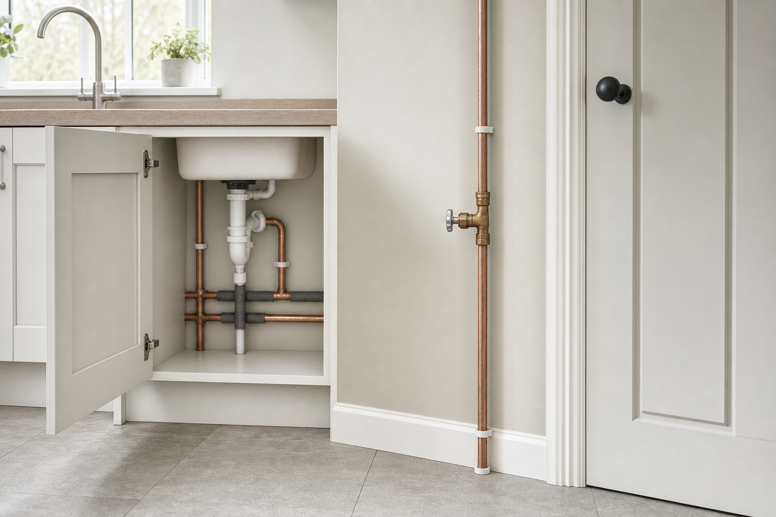 A neatly organised kitchen cupboard reveals plumbing pipes beneath a sink next to a closed door.