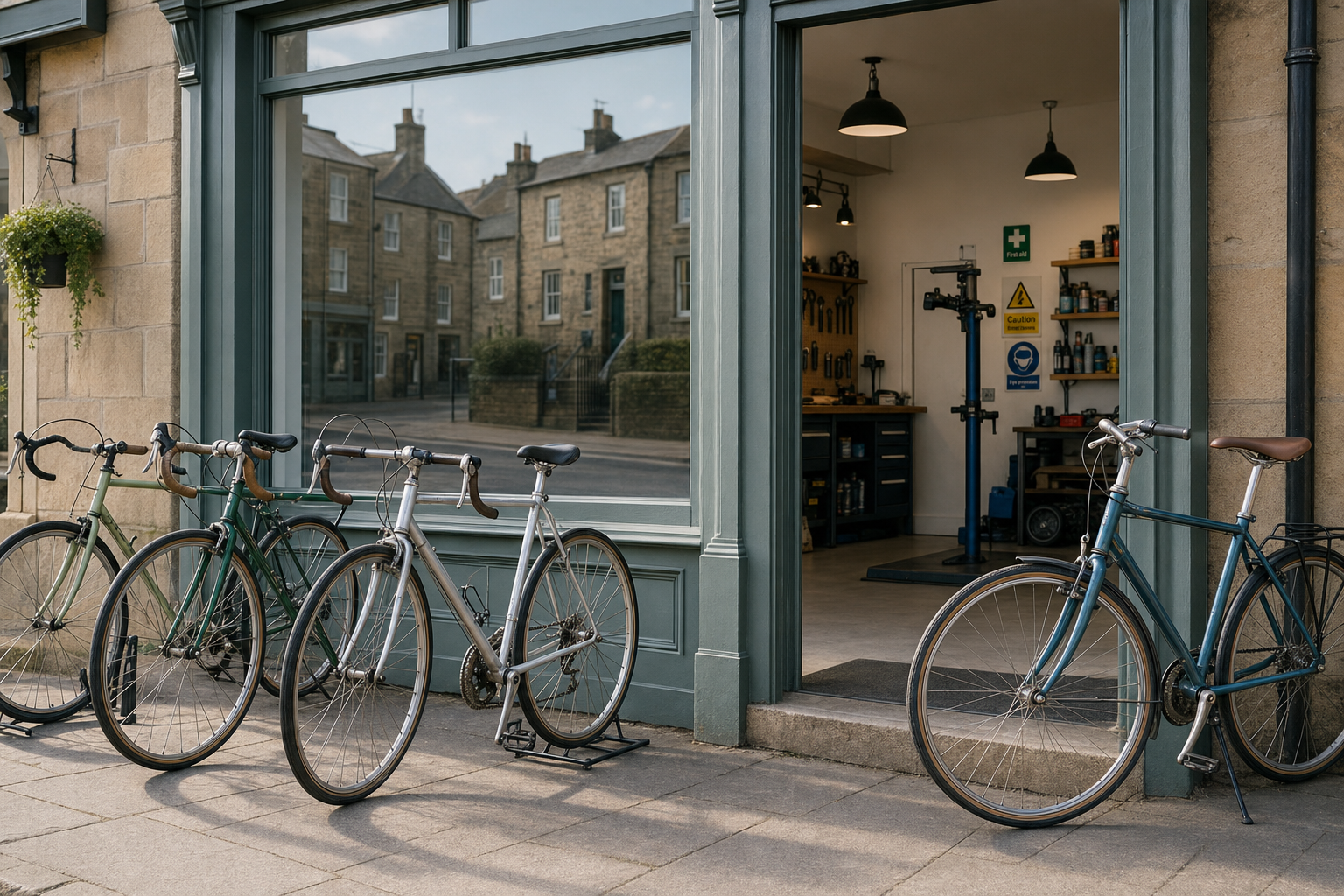 Bicycles parked outside a quaint repair shop on a sunny day, with tools visible inside.