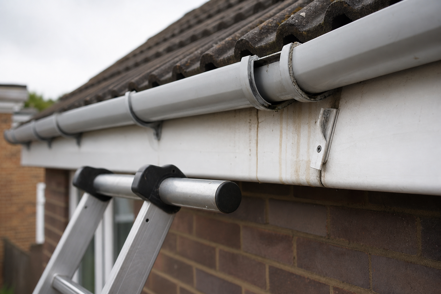 Ladder positioned against a house with a focus on the gutter system under a tiled roof.