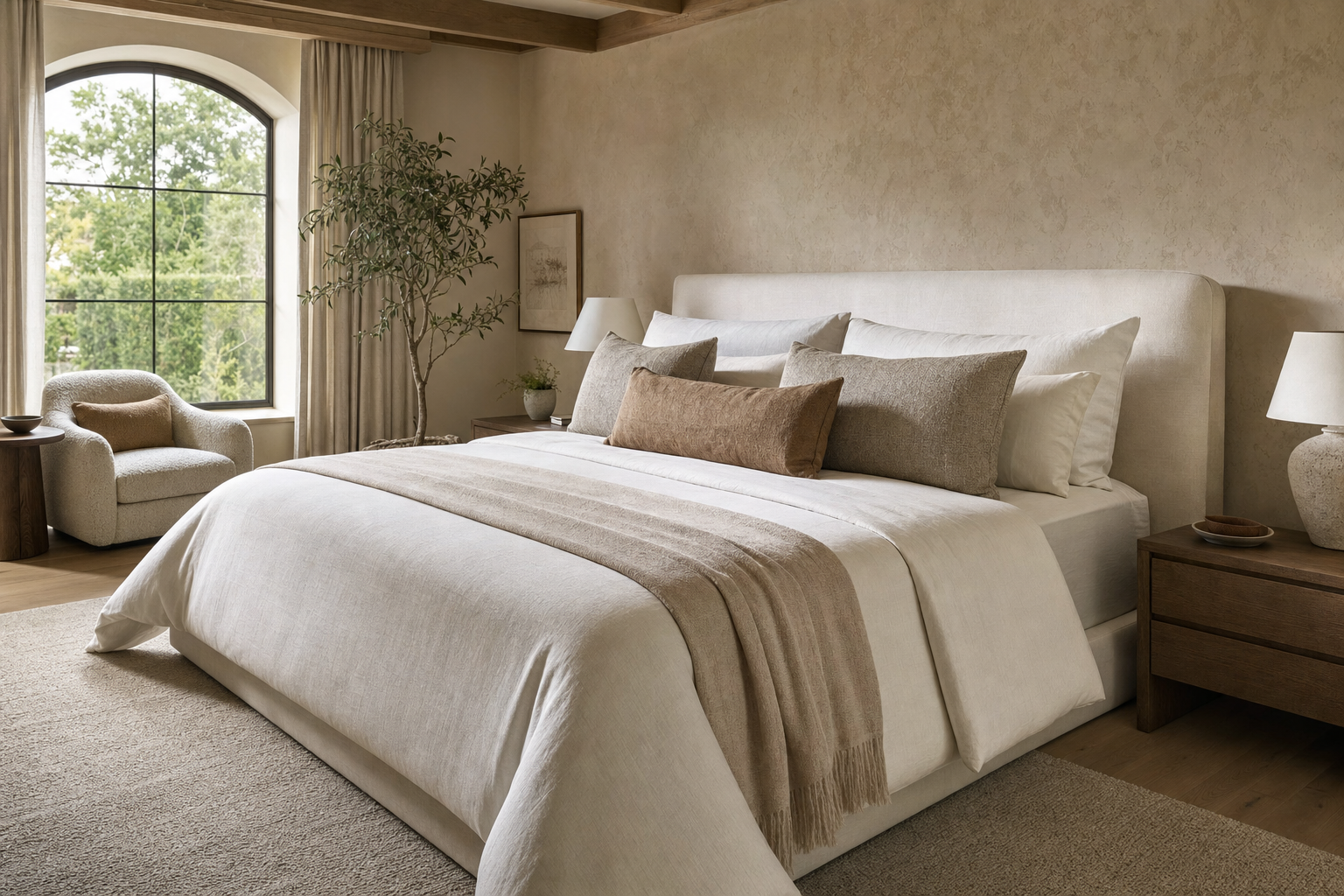 A serene bedroom with a large bed, soft neutral bedding, a comfortable armchair, and a window with a view of greenery.