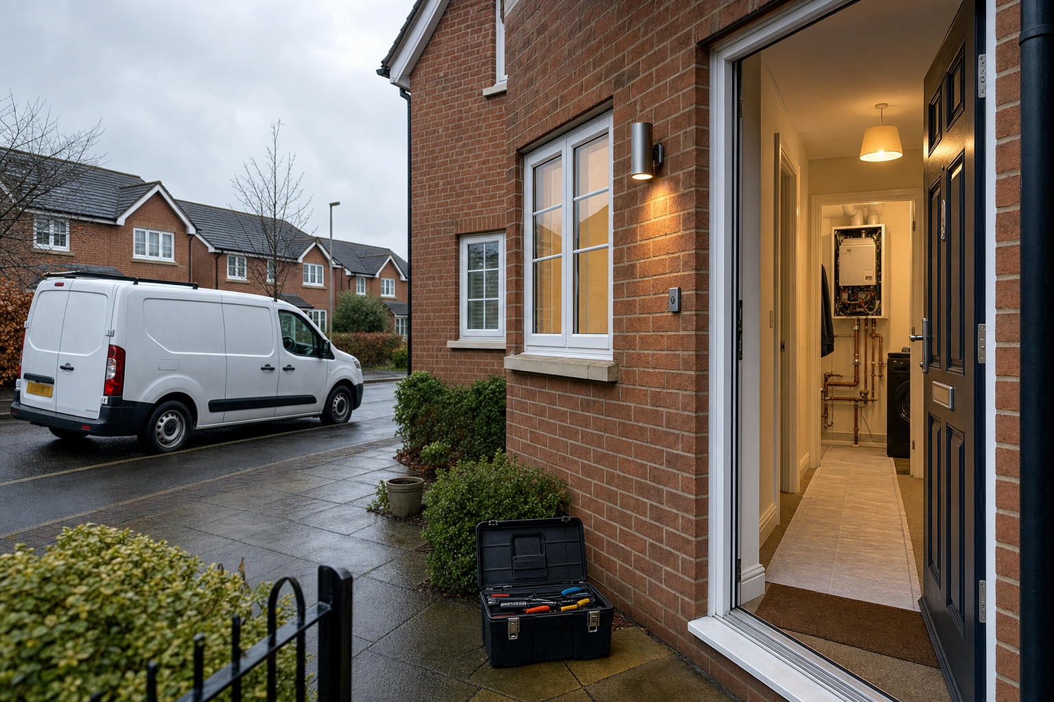 An open toolbox is on the doorstep of a brick house with an open door revealing a boiler inside.