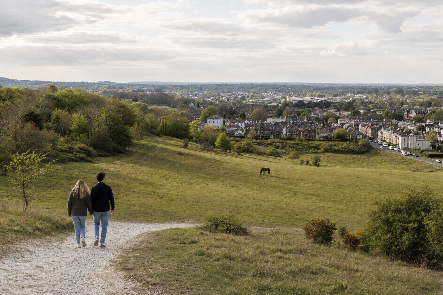 A couple walks down a hill towards a village, with a horse grazing in a nearby field under a partly cloudy sky.