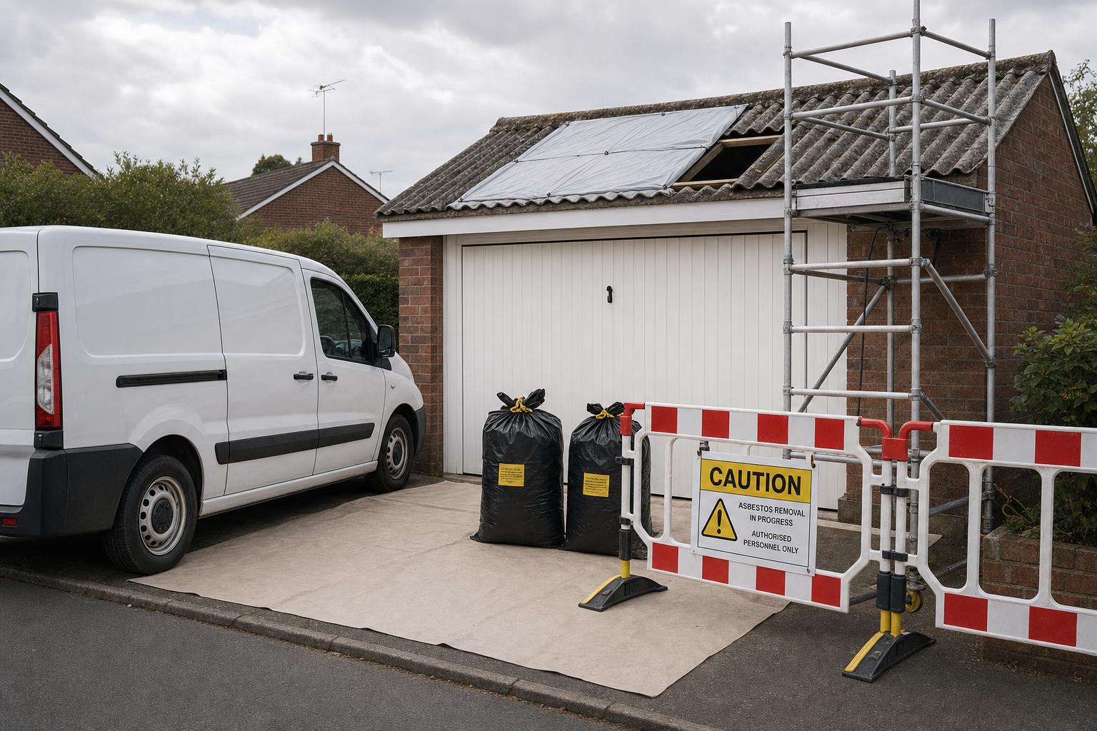 A white van parked near a garage with safety barriers and signs indicating asbestos removal in progress.