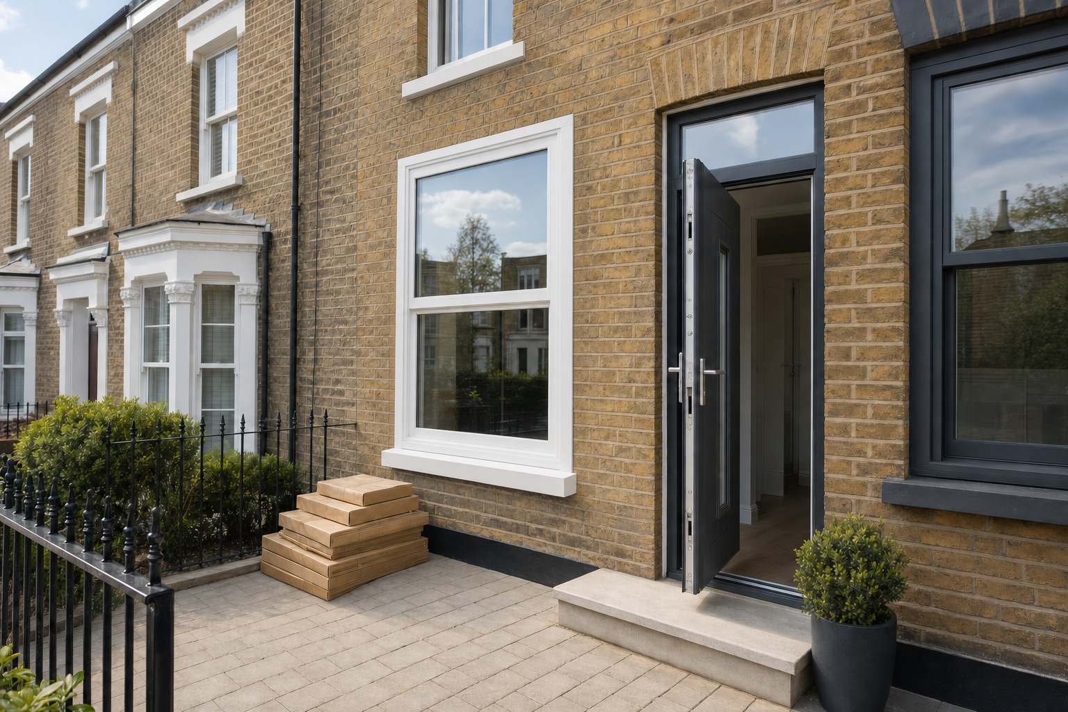 A stack of parcels is placed outside an open front door of a terraced brick house.