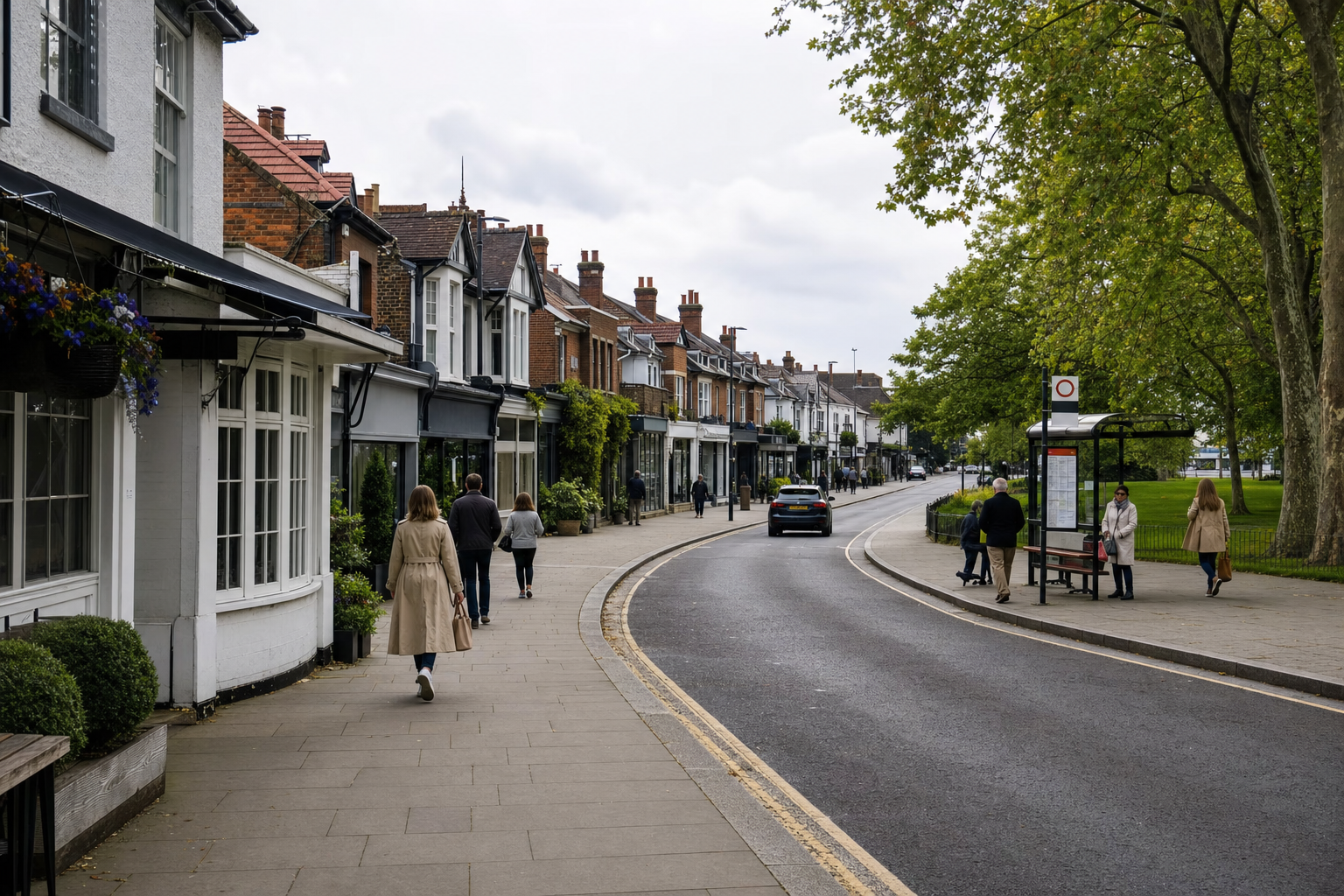 People walking along a quiet street lined with quaint terraced houses and a bus stop on a cloudy day.