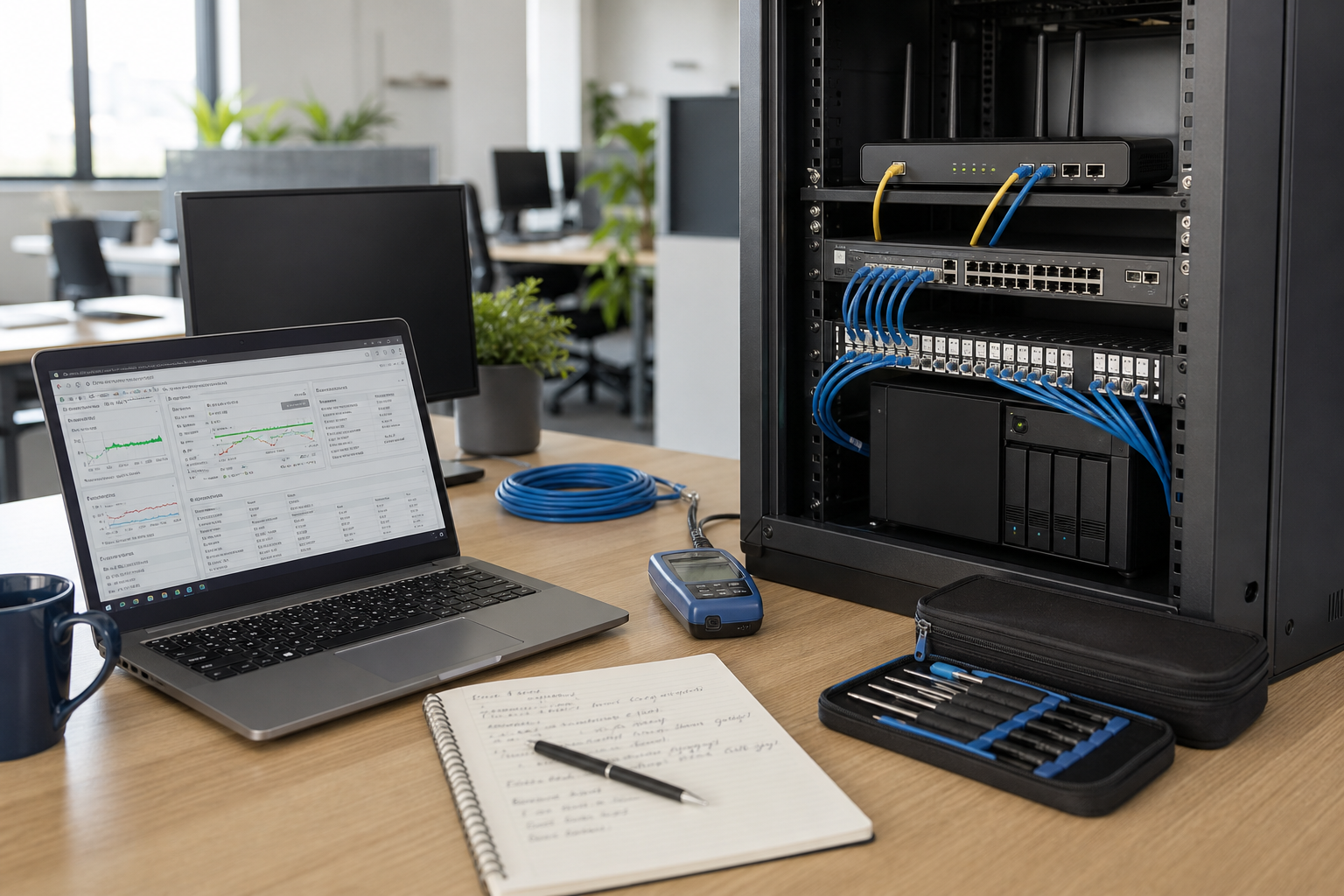 Office setup with a laptop, network equipment, blue cables, and tools on a wooden desk.