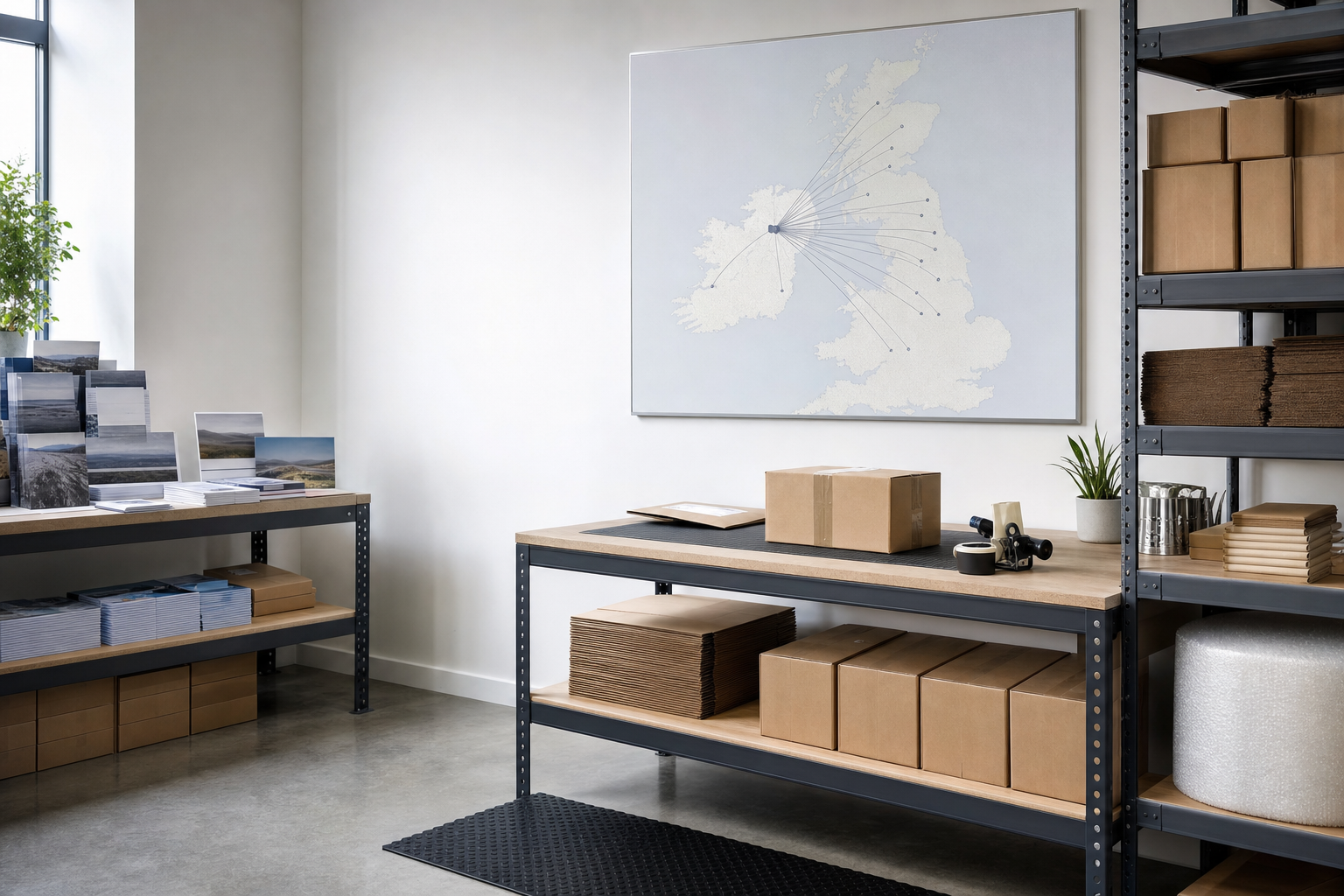 A modern packing station with cardboard boxes, packaging materials, and a UK map on the wall.