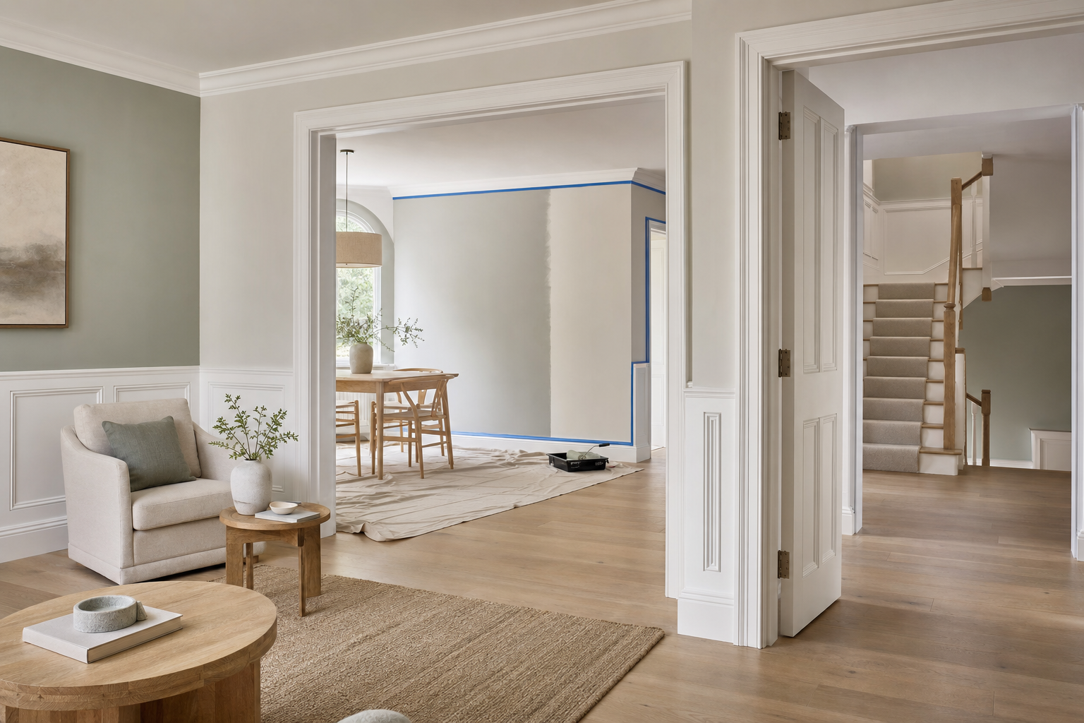 Modern living space with neutral tones, wooden floors, and a partially painted dining room visible through a doorway.