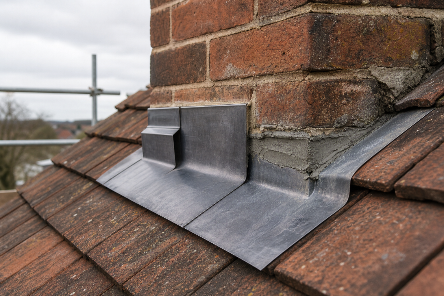 A brick chimney with new lead flashing is installed on a tiled roof, under a cloudy sky.
