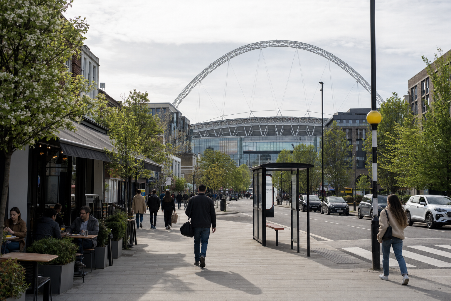 Street view with people walking near Wembley Stadium, surrounded by trees and cafes.