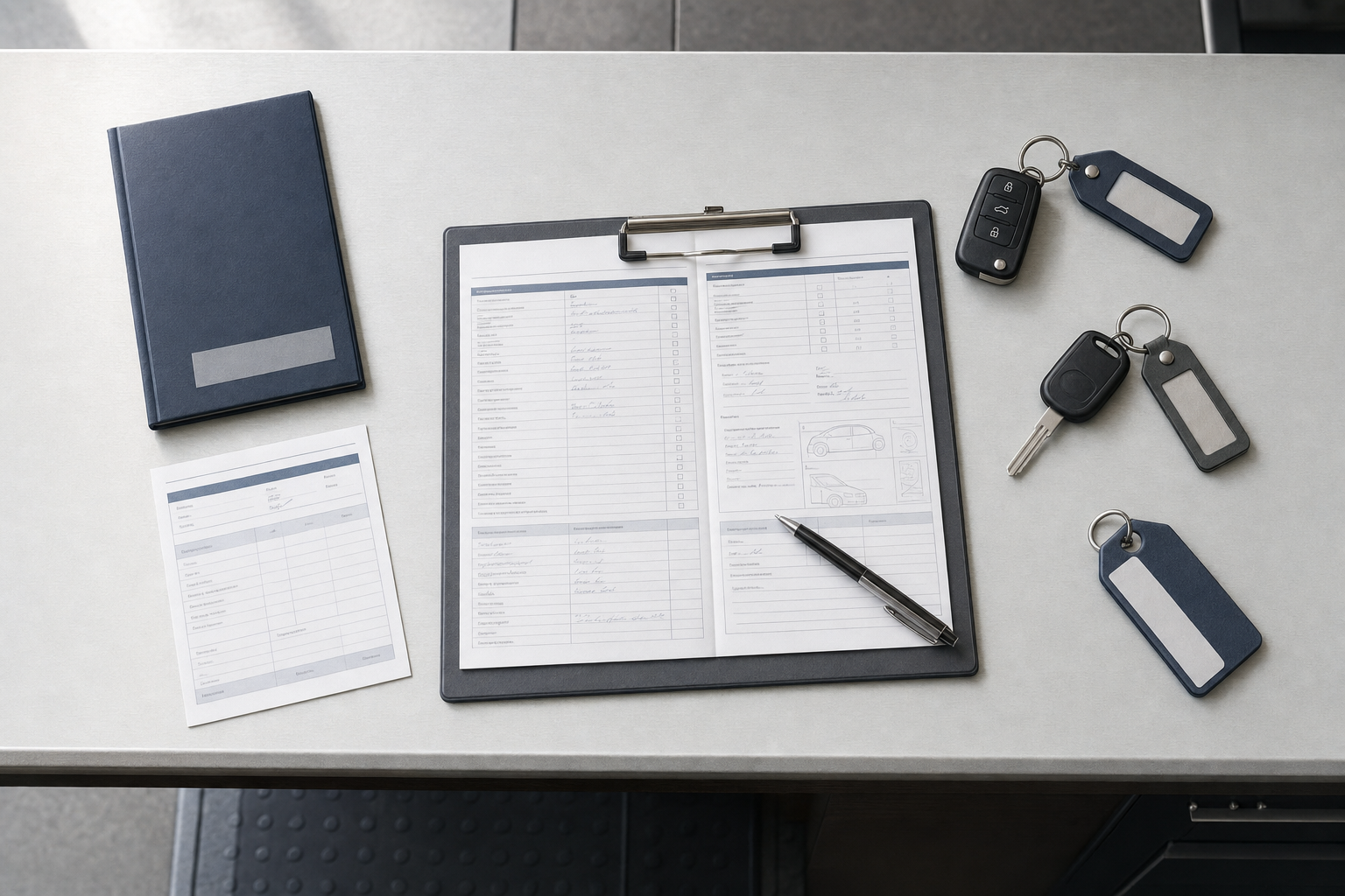Car rental paperwork and keys on a desk with a closed notebook.