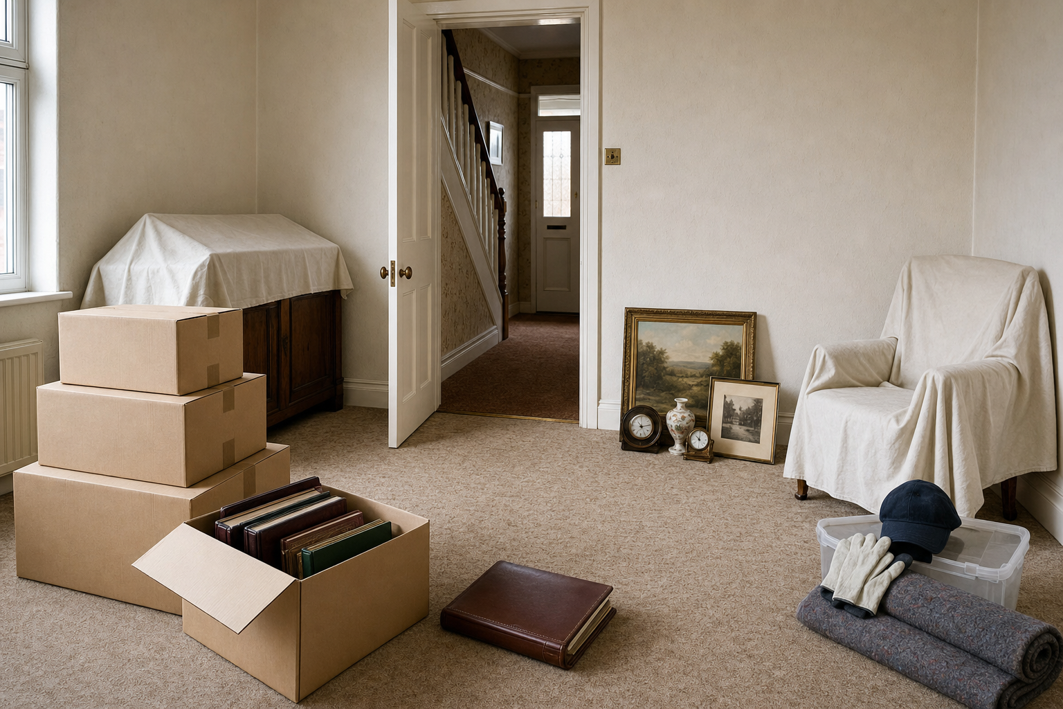 A room with cardboard boxes, wrapped furniture, and framed artwork, suggesting a move or renovation.