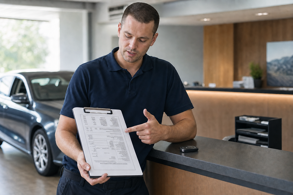 A man in a blue polo shirt discusses a document on a clipboard near a parked car indoors.