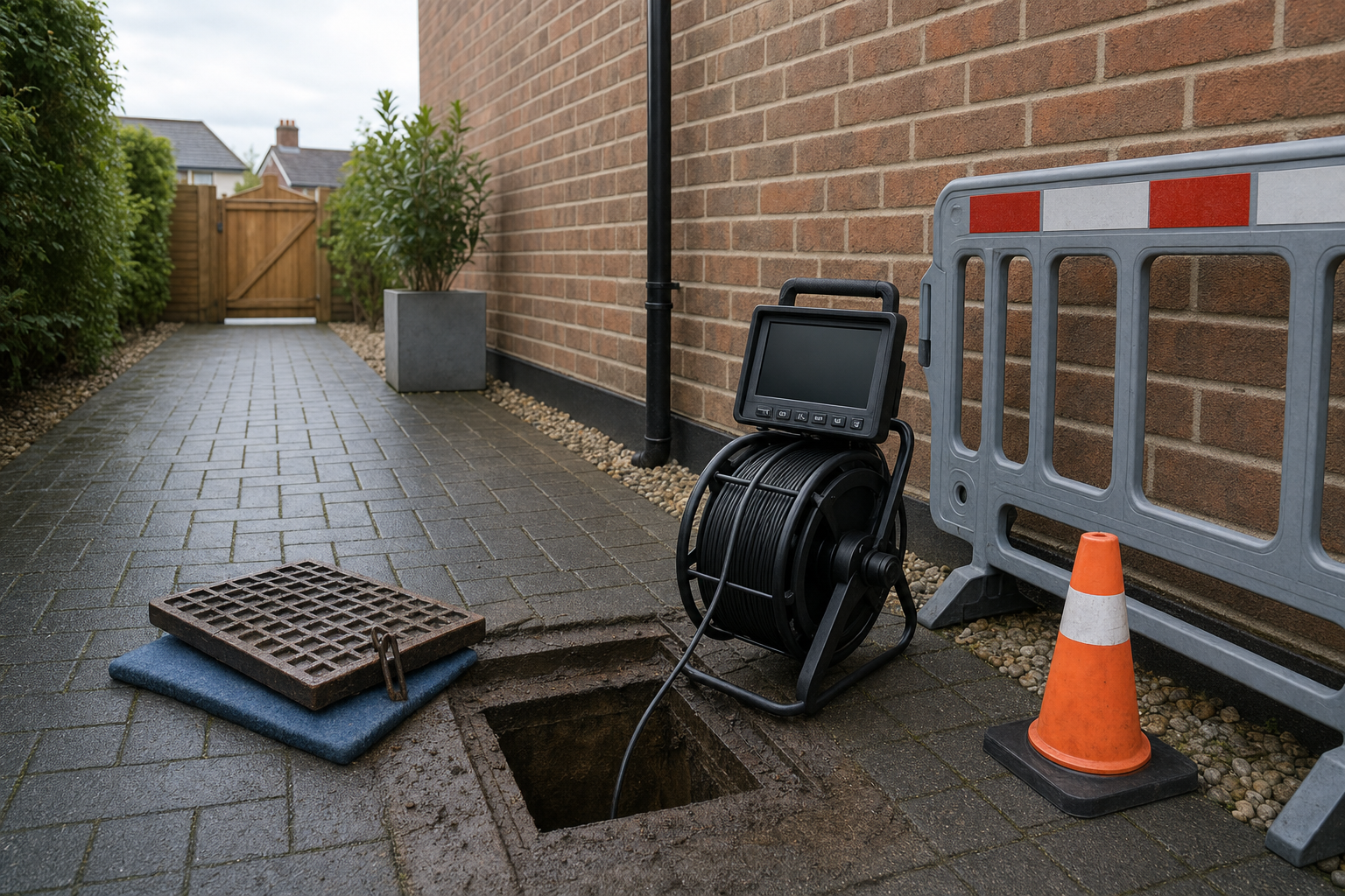 Open manhole with inspection camera and safety cone on a paved path beside a brick building.