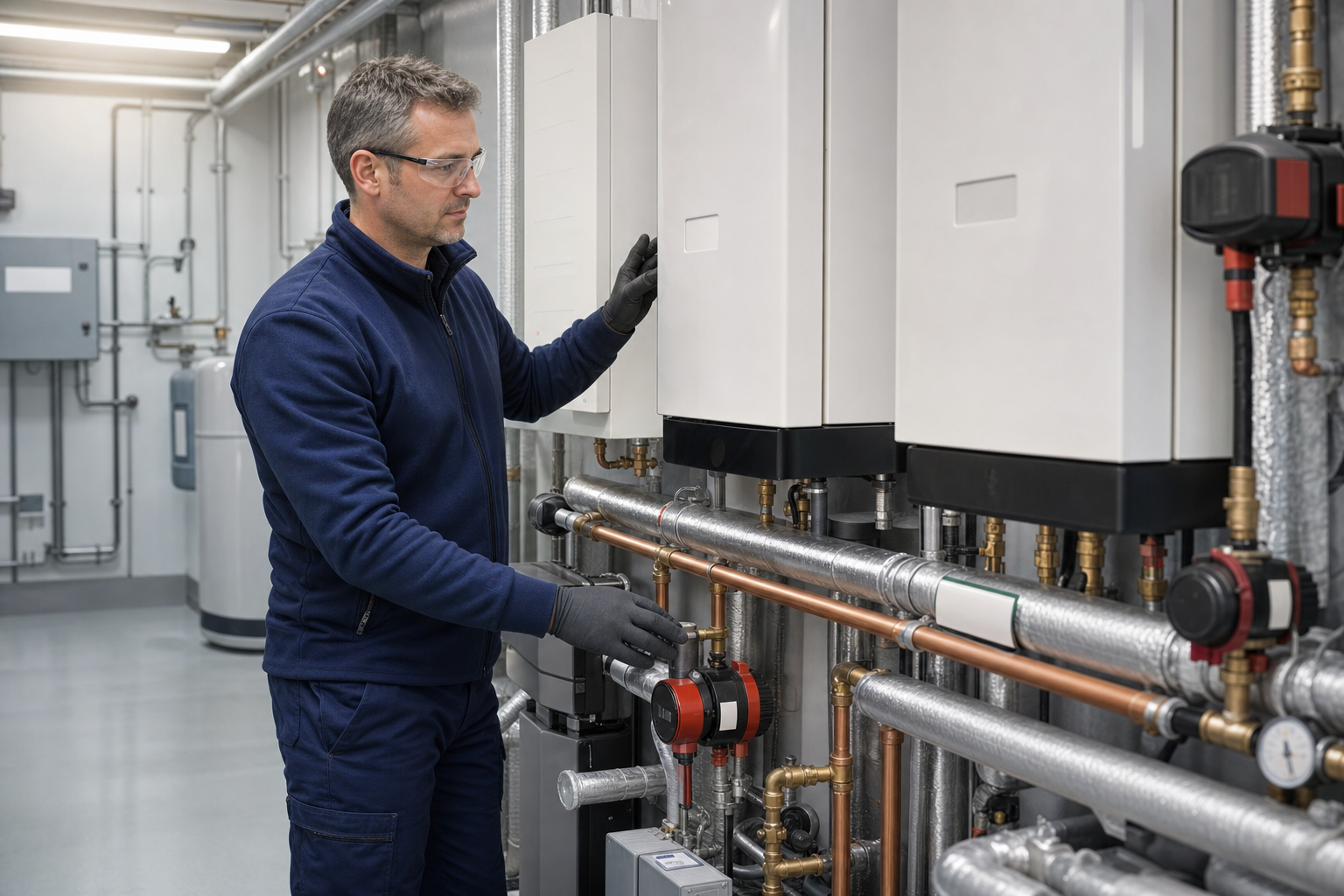 Engineer inspecting industrial heating system in a facility's mechanical room.