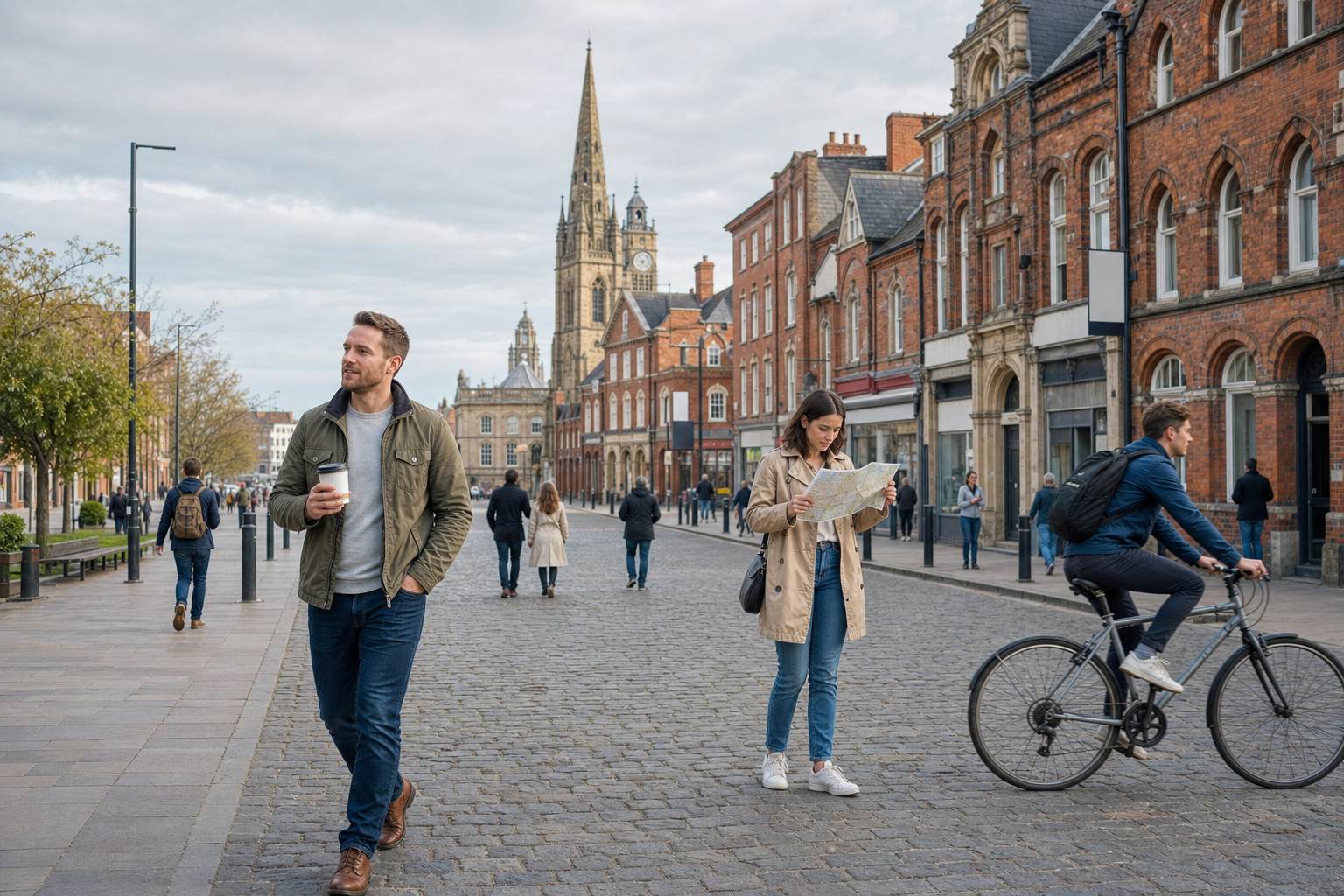 A man enjoys coffee while a woman reads a map and a cyclist passes on a cobbled street with historic buildings.