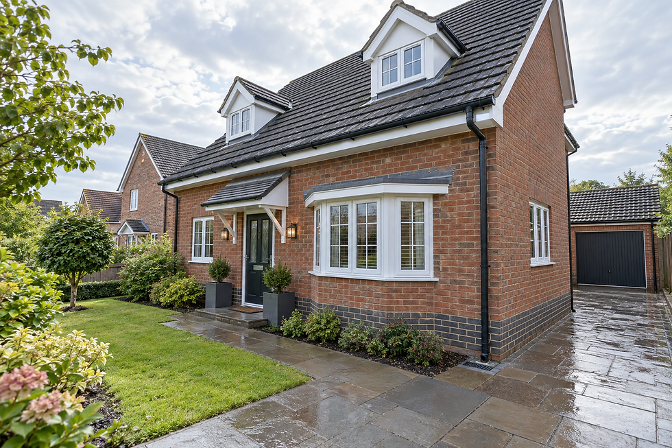 Modern brick house with white trim and a manicured garden, featuring a paved driveway leading to a garage.