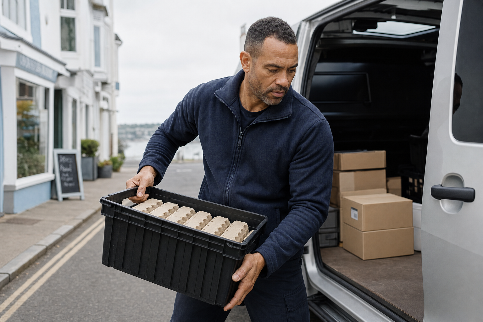 Man unloading a crate of egg cartons from a van on a coastal street.