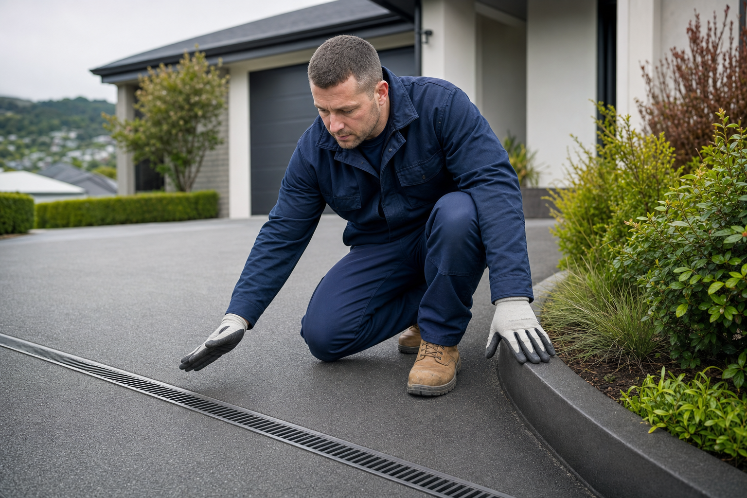 A man in a blue uniform inspects a drainage grate on a clean, well-maintained driveway next to a modern house.