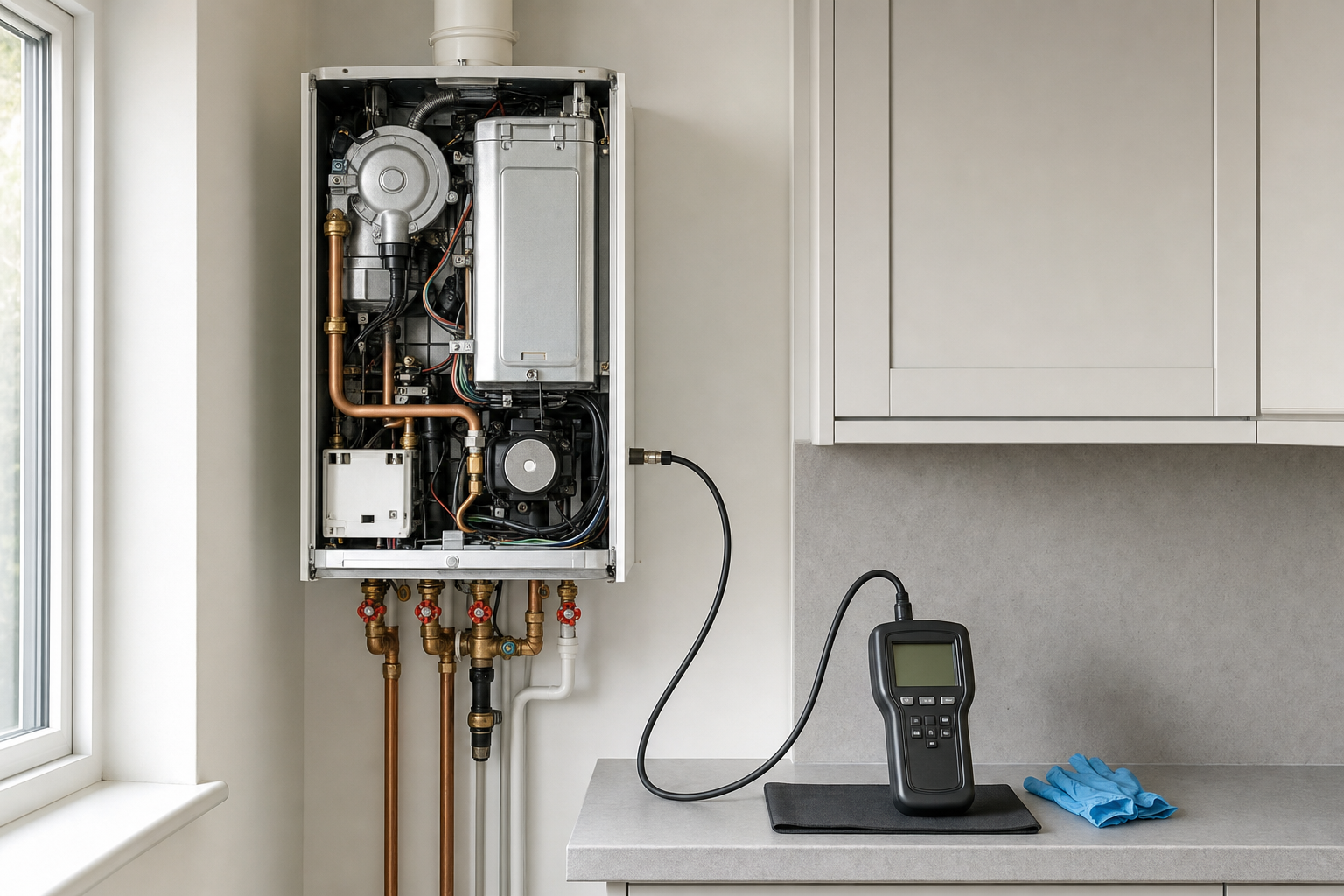 Open gas boiler with diagnostic tool attached on a kitchen counter.