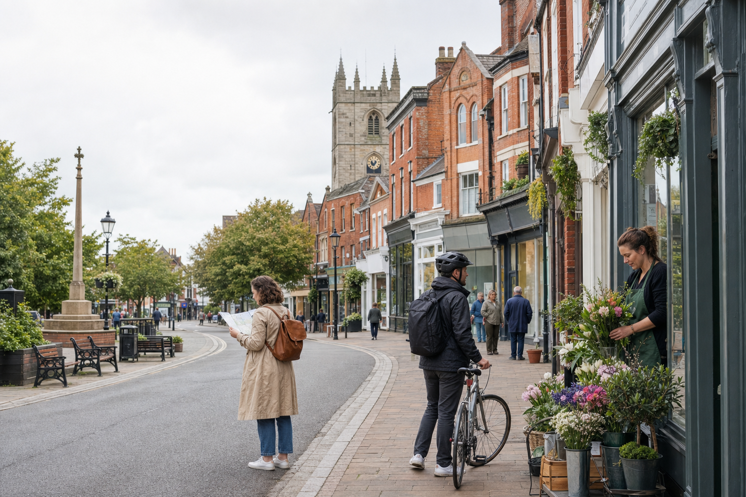 A pedestrian reads a map on a quaint street lined with shops, while a florist arranges flowers outside.