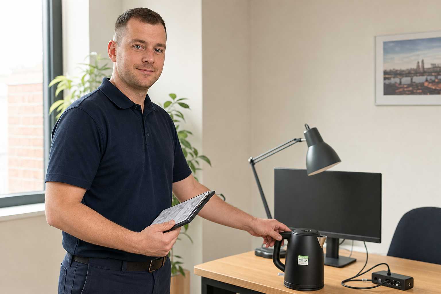 Man in a navy polo shirt holding a tablet and inspecting a kettle on an office desk.