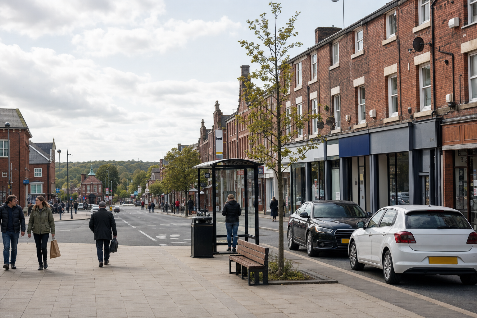 A bustling street with pedestrians, parked cars, and red brick buildings on a cloudy day.