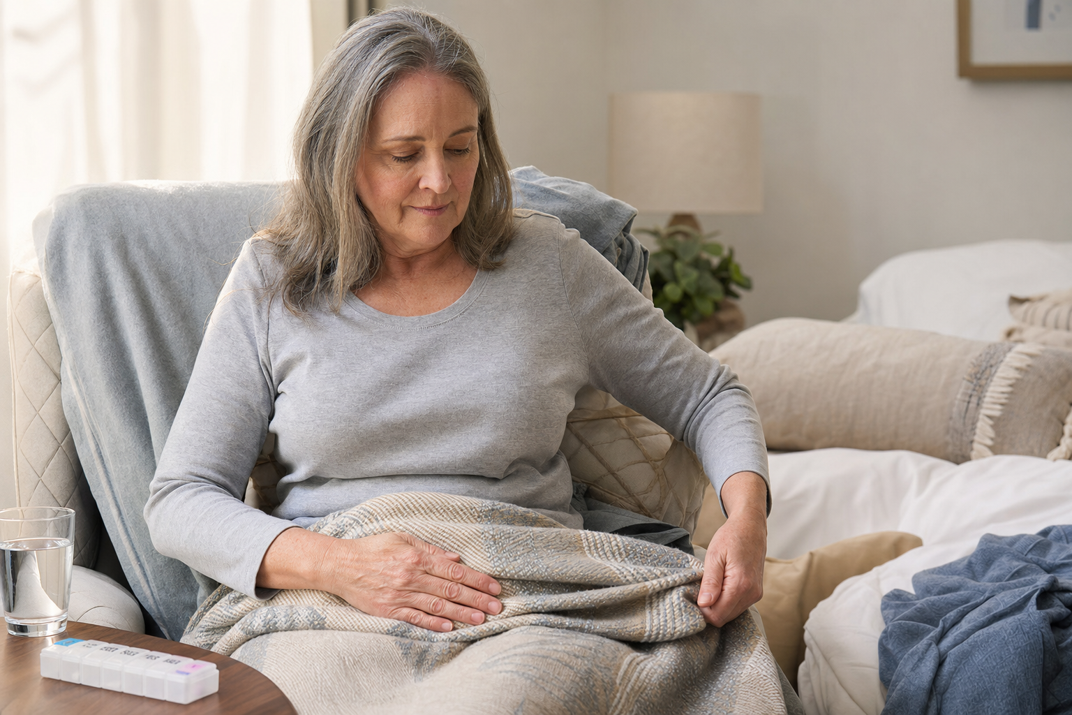 Woman sitting on a sofa, wrapped in a blanket, with a pill organiser and glass of water nearby.