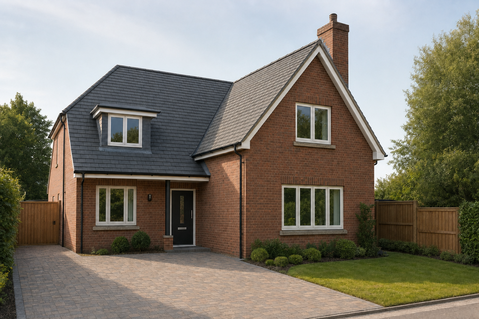 A modern red brick house with a grey tiled roof, surrounded by a garden and wooden fence, viewed on a clear day.